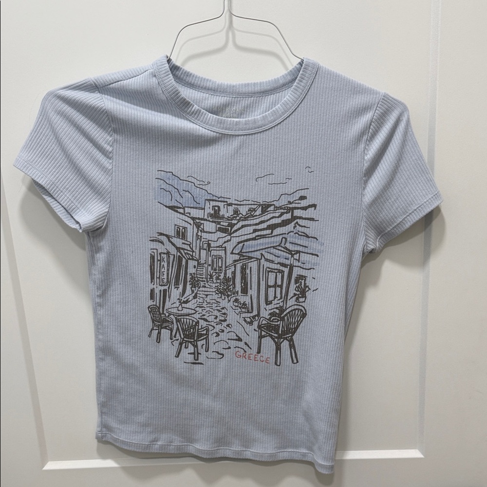 American Eagle Outfitters Light Blue Greece Ribbed Baby Tee